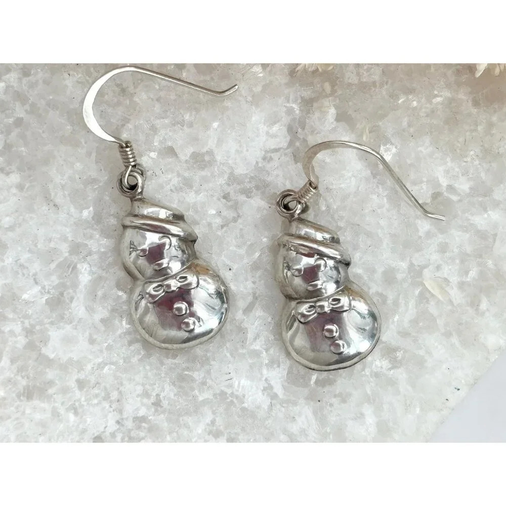 Sterling Silver Vintage Snowman 925 Stamped Thai Made Vintage Dangle Earrings - Picture 8 of 9
